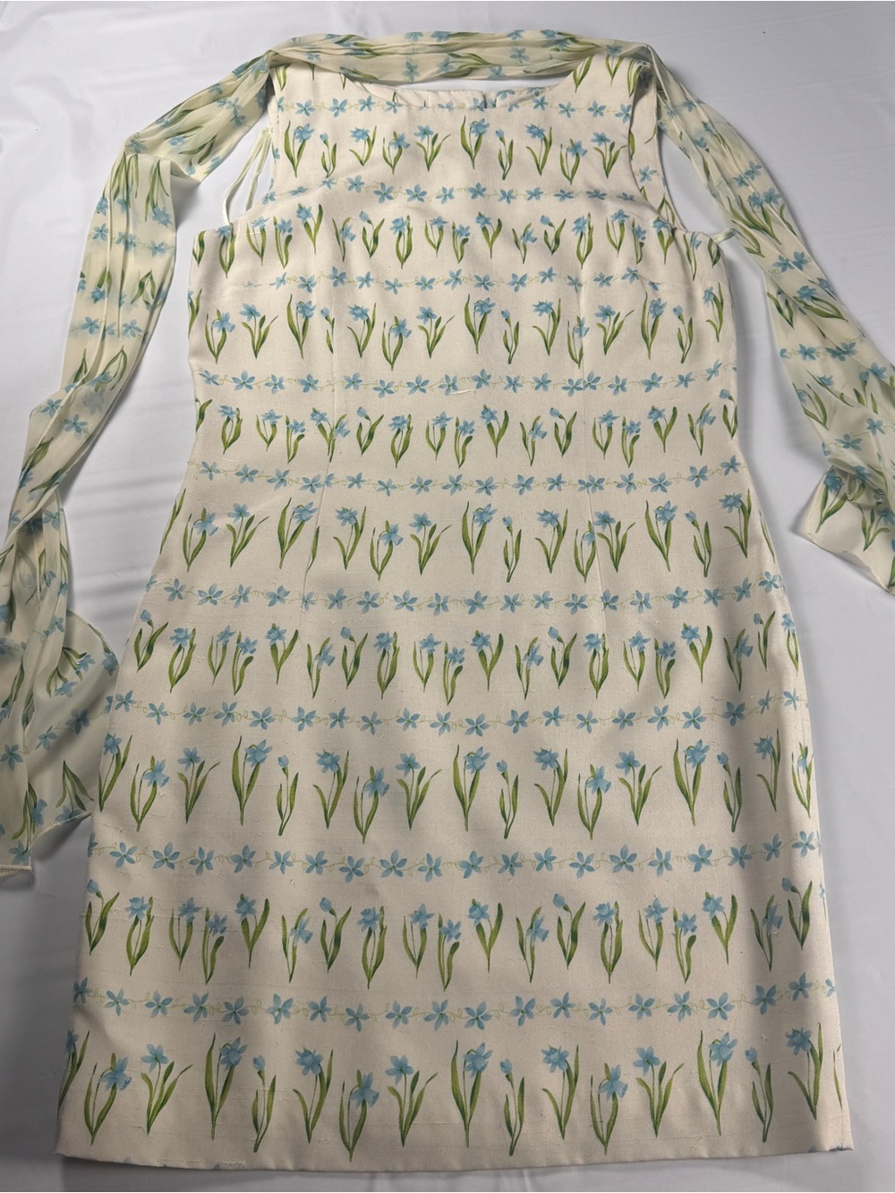 Vintage 90s Ann Taylor Silk Sheath Dress Scarf Womens 8 Ivory Blue Iris Floral